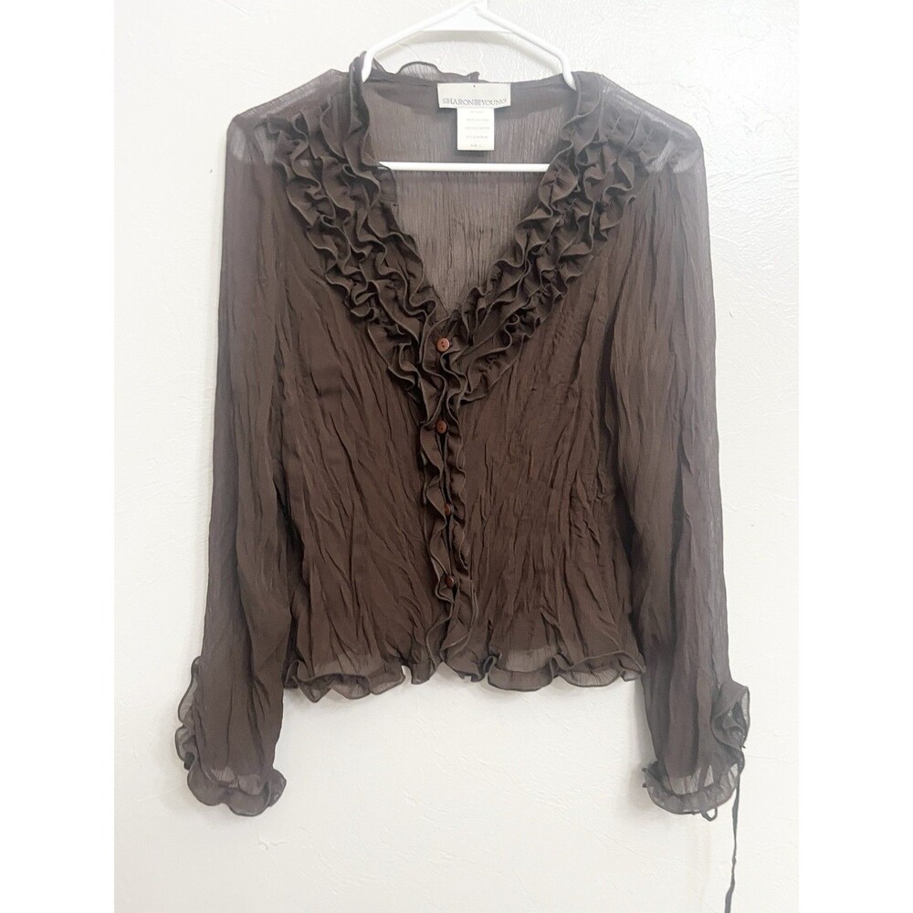 Sharon Young Ruffle Crinkle Blouse Shirt Brown Y2K Romantic Fairy Top Victorian - Picture 3 of 6